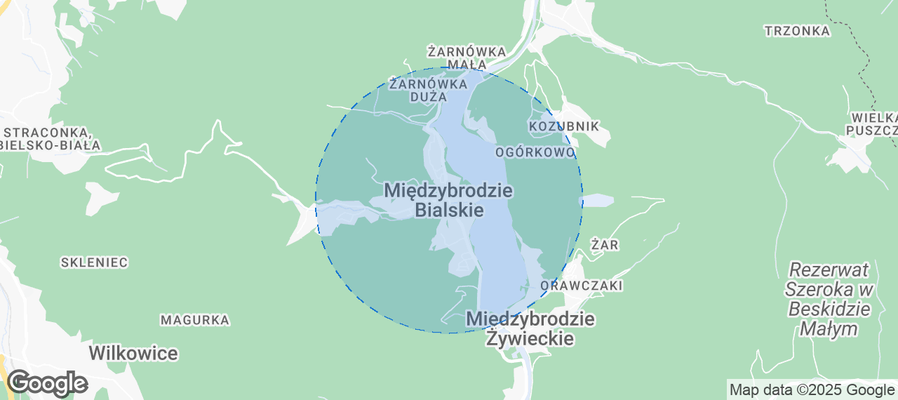 Map of Airbnb listings in Międzybrodzie Bialskie