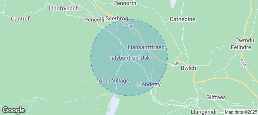 Map of Airbnb listings in Talybont-on-Usk